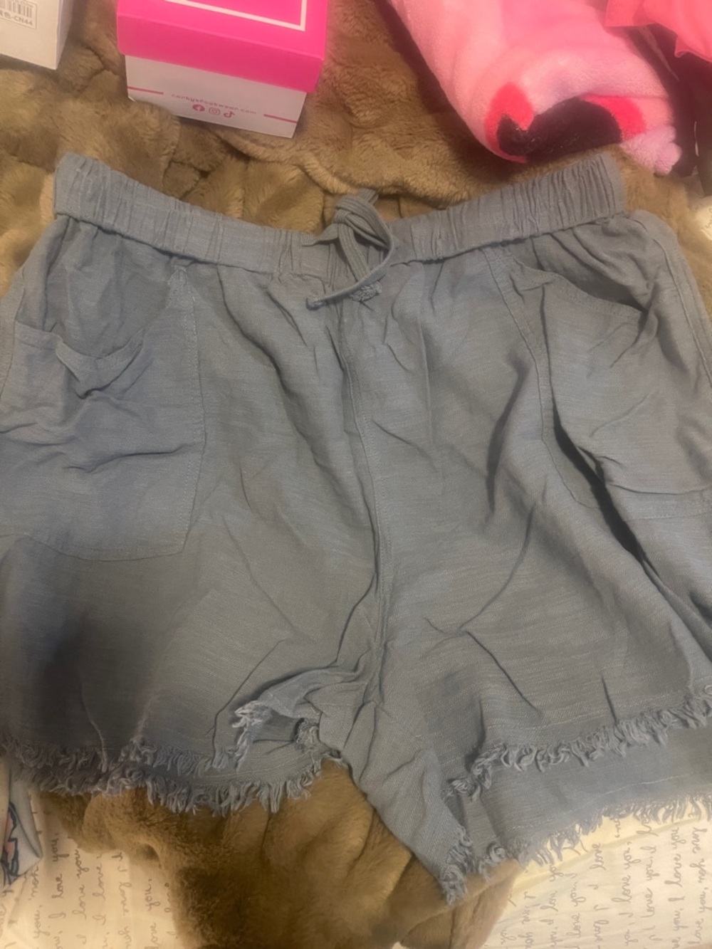 Casual Light Gray Drawstring Frayed Hem Women's Shorts